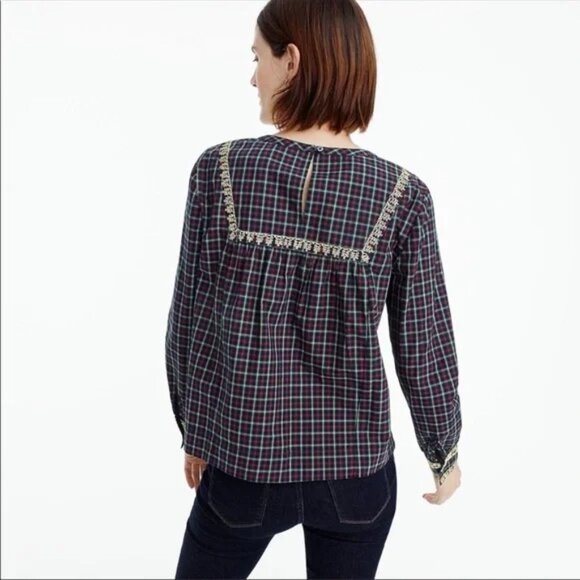 ⭐ J. Crew Plaid Peasant Popover Blouse size Small - Picture 2 of 16